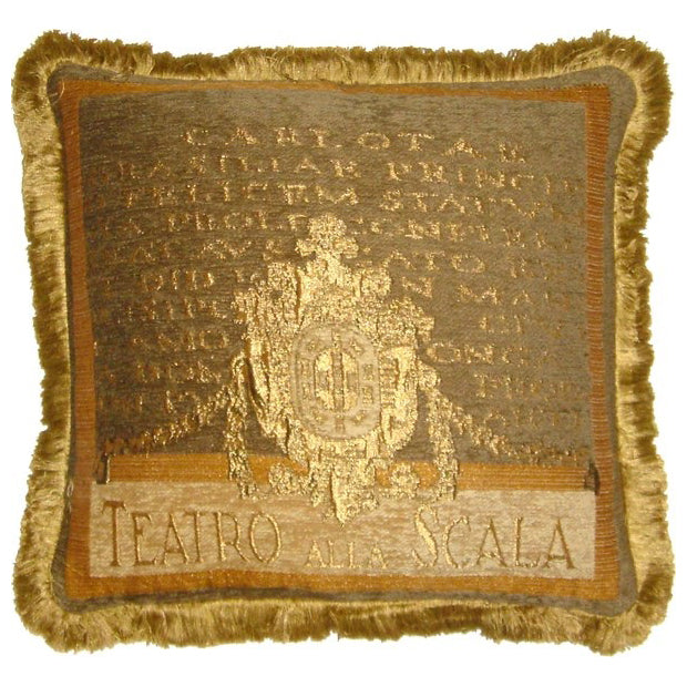 Coussin jacquard brun et jaune à franges, motif Teatro alla Scala