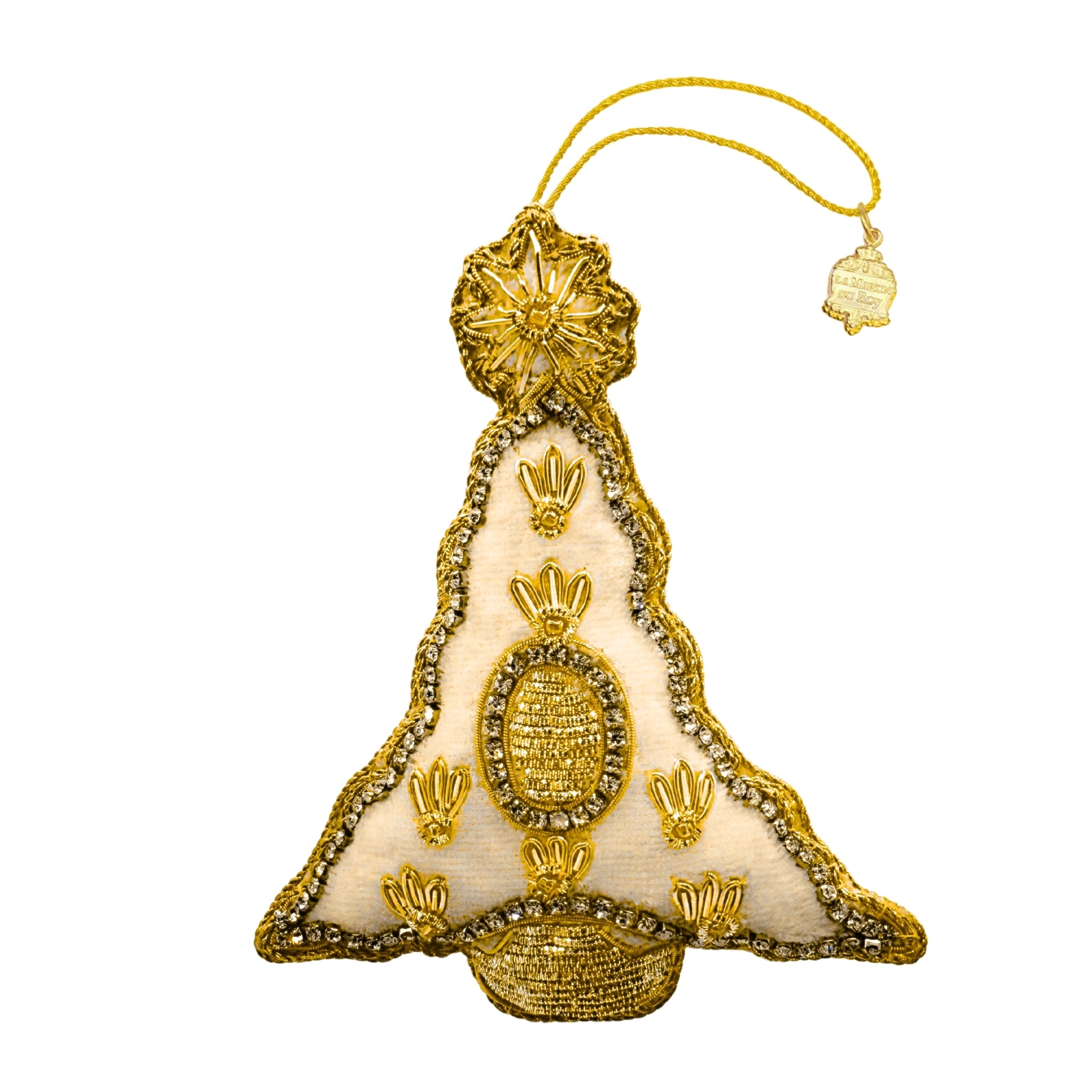 Sapin brodé blanc avec fils dorés, strass et bordure dorée, ornement textile à suspendre avec attache et médaille