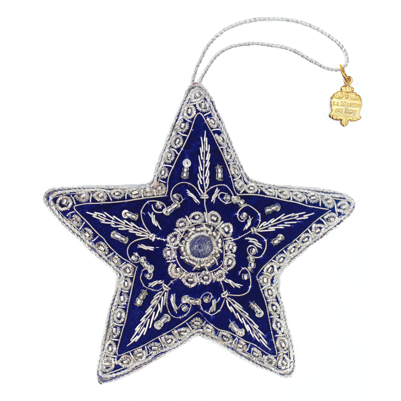 Étoile décorative bleue en velours brodée de fils argentés, perles et sequins