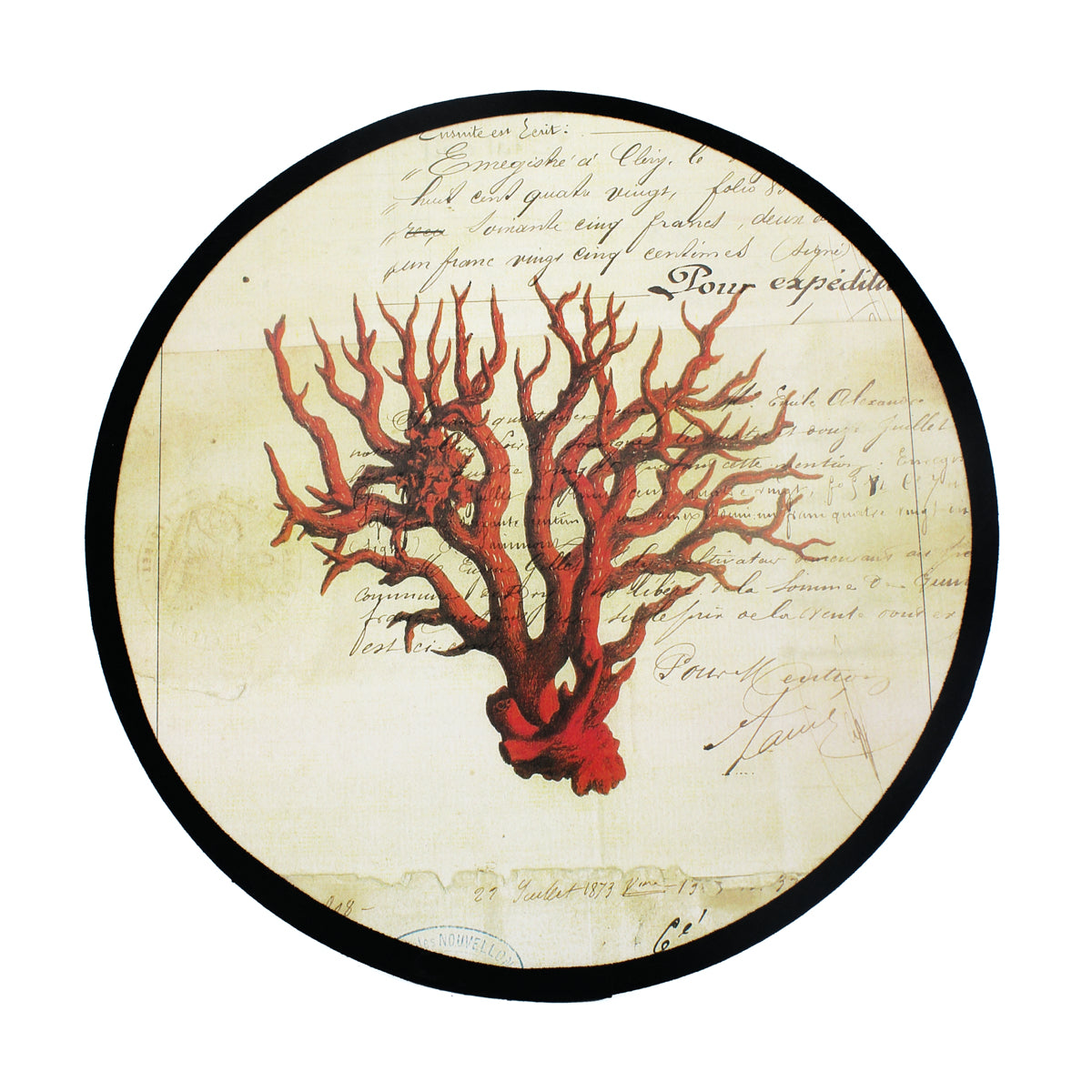 Abat-jour circulaire noir et beige avec motif de corail rouge et écriture manuscrite
