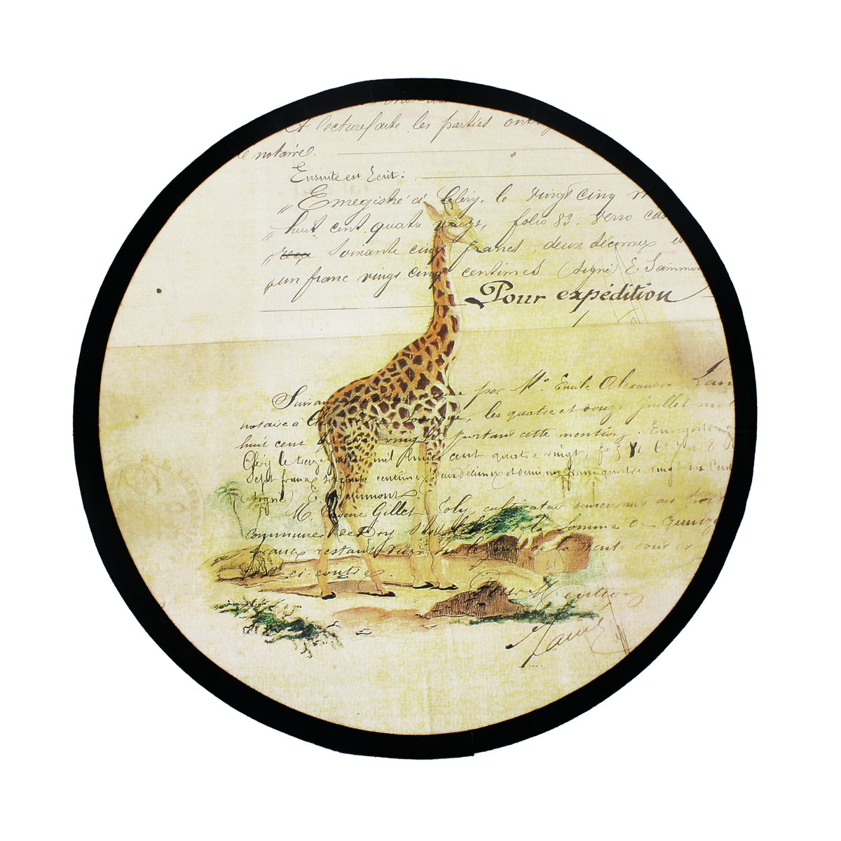 Abat-jour circulaire à girafe sur fond manuscrit, bord noir et tons brun beige