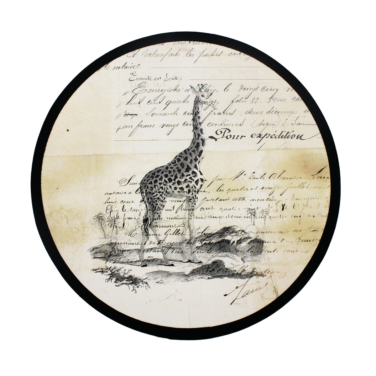Abat-jour circulaire en carton noir et gris avec girafe dessinée sur fond manuscrit