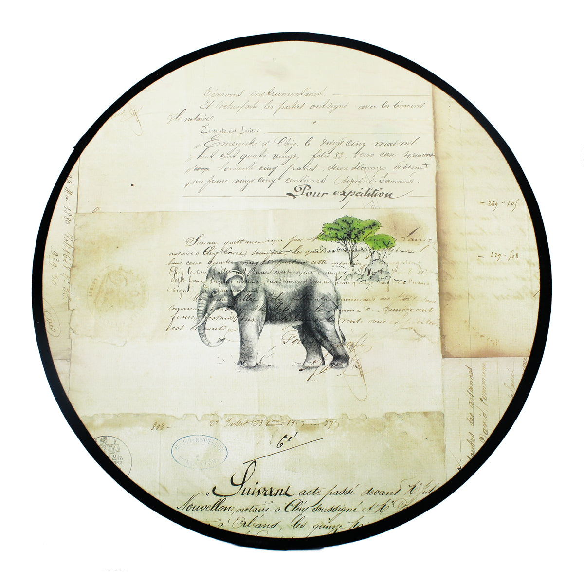 Abat-jour circulaire en carton motif éléphant gris sur fond de pages manuscrites