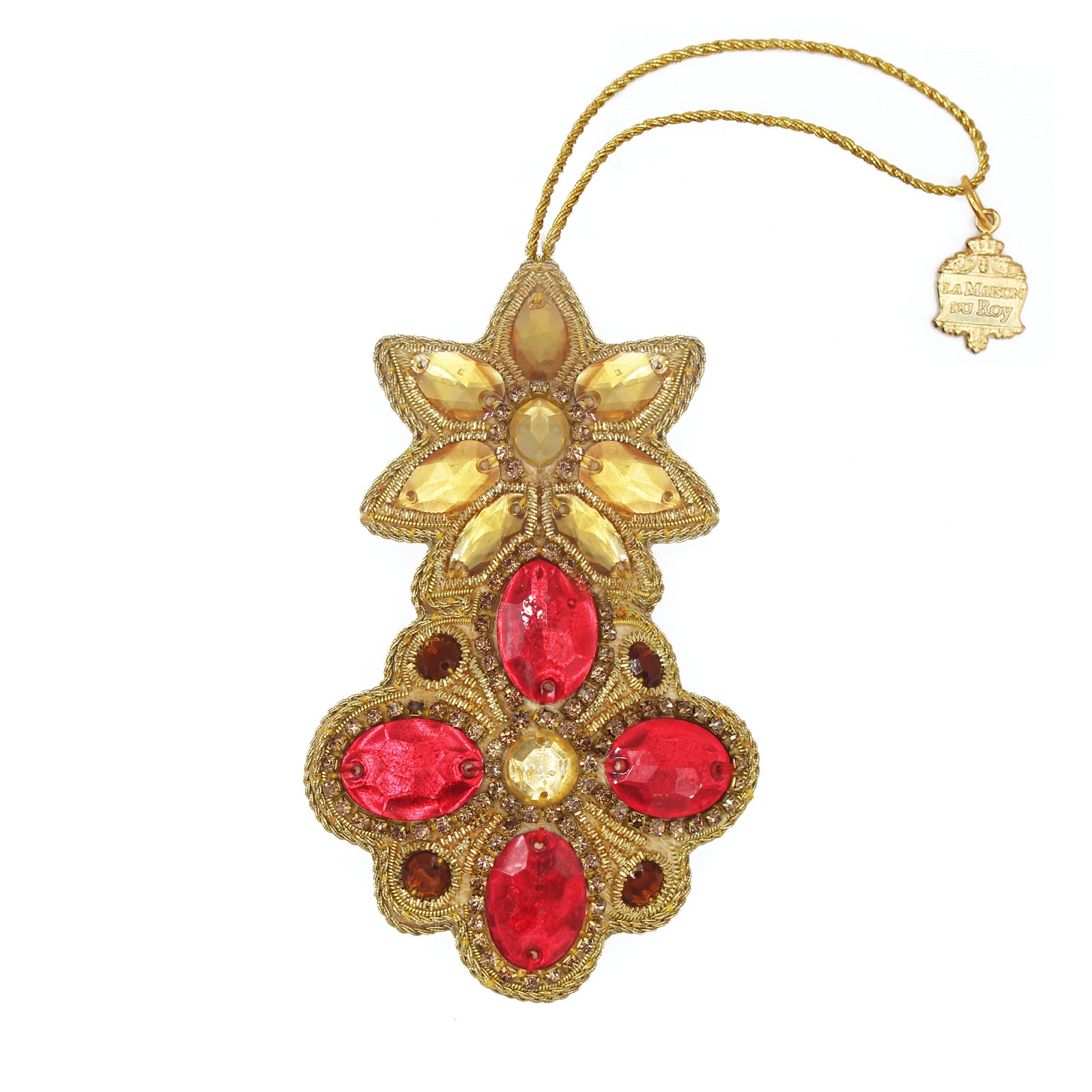 Agrément fleurs en velours rouge brodé d'or, strass jaunes et écusson doré suspendu