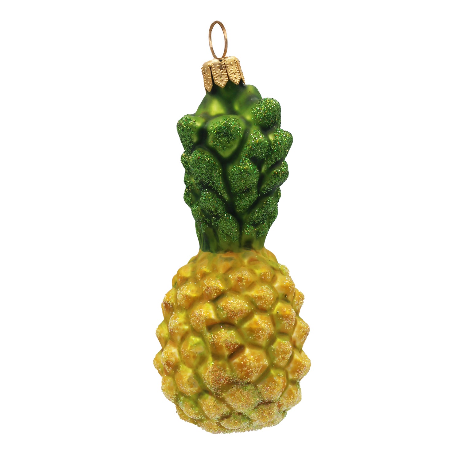 Ananas décoratif en verre soufflé jaune et vert à suspendre, finition pailletée