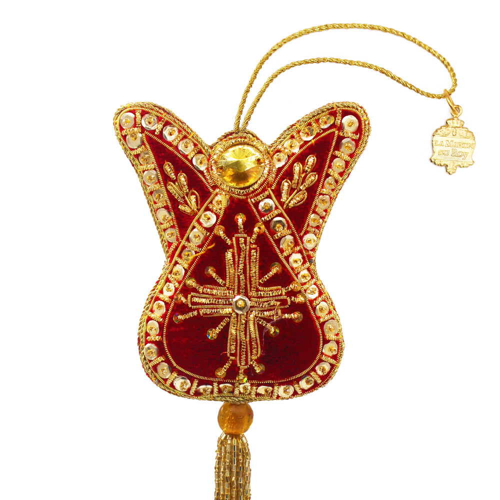 Ange brodé en velours rouge et doré avec pampille pendante et cordon suspendu