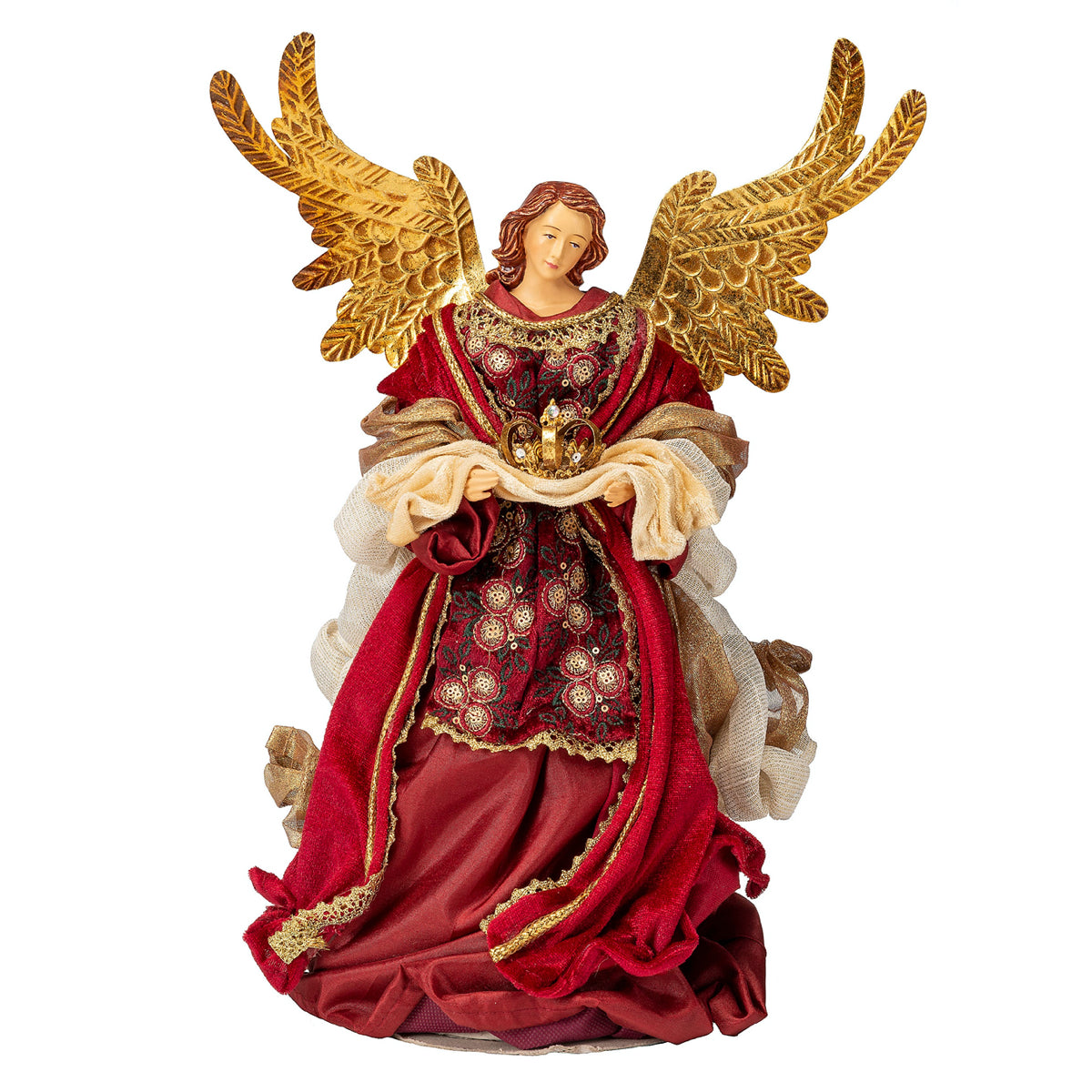 Ange italien en robe rouge et dorée avec grandes ailes dorées et couronne