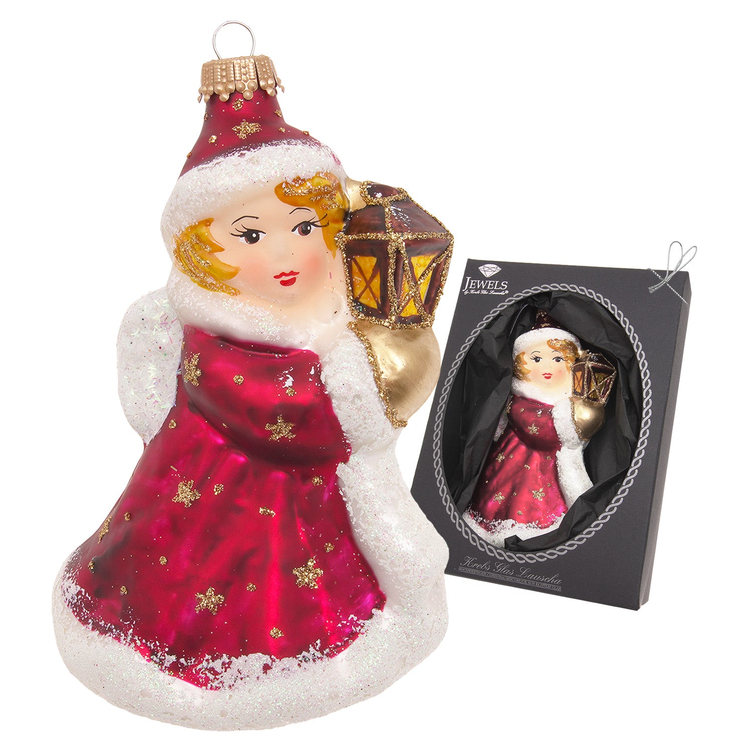 Ange en verre soufflé robe rouge pailletée, lanterne dorée et bordure de neige