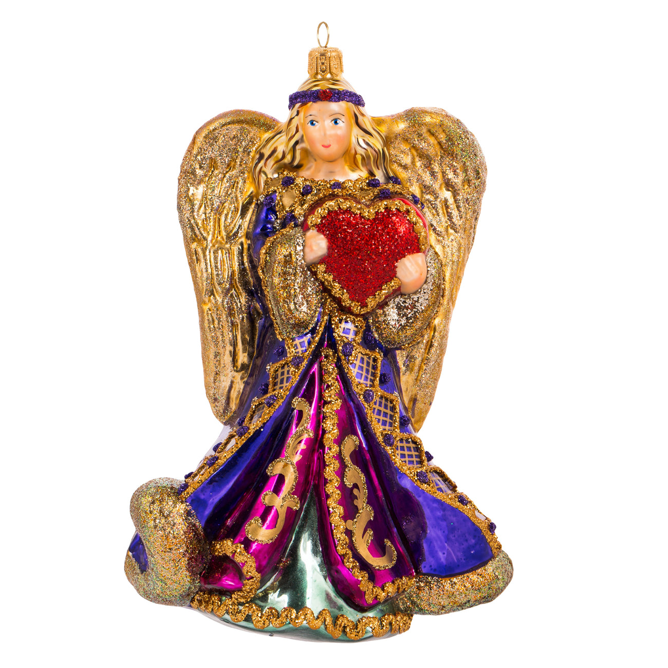 Ange en verre soufflé doré et violet tenant un cœur rouge pailleté