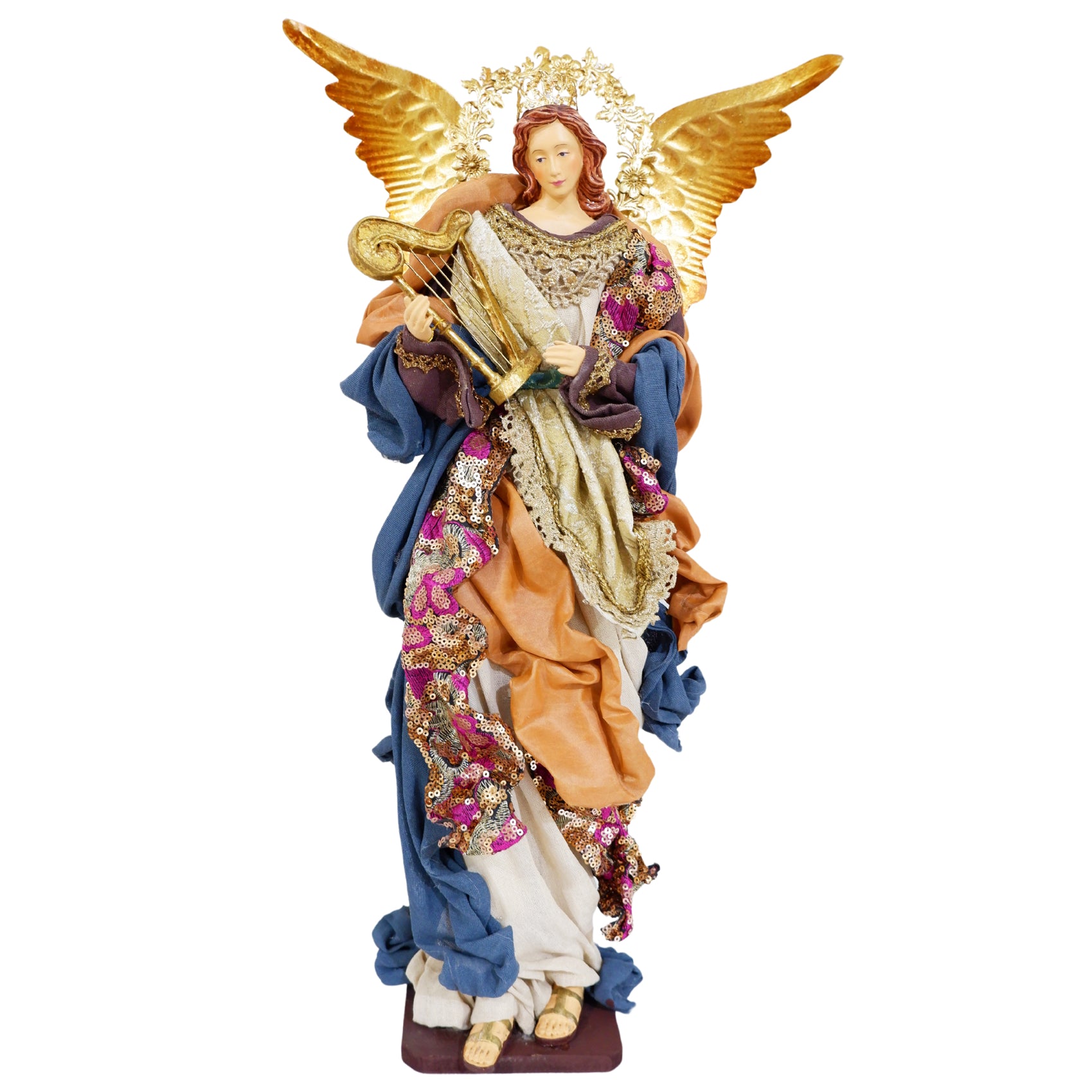 Ange musicien en robe bleue et dorée jouant de la harpe, grandes ailes dorées