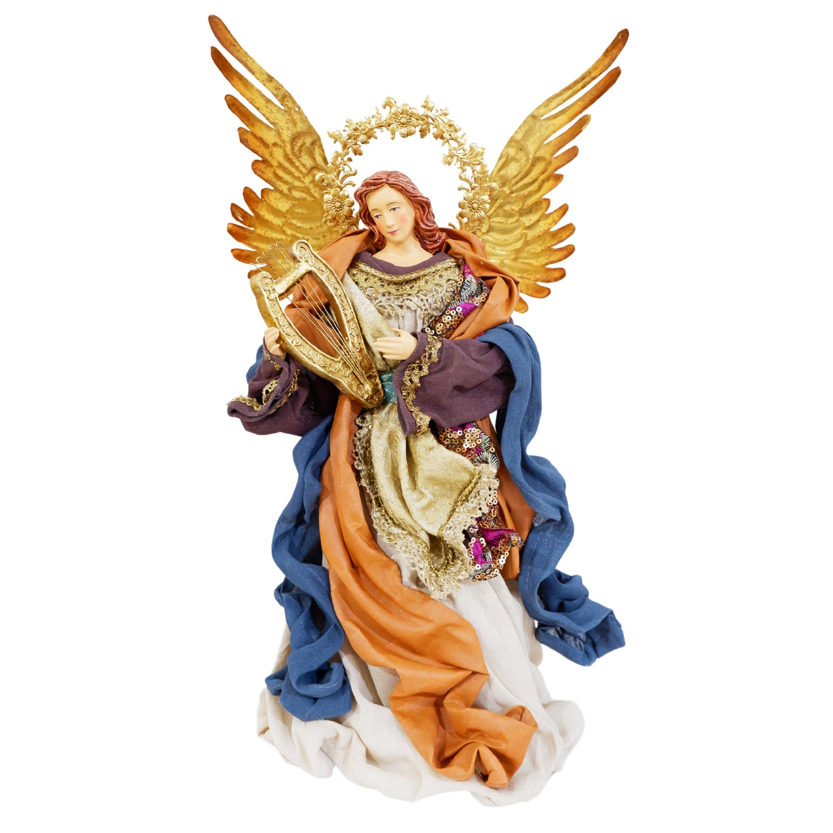Ange musicien en cimier de sapin avec ailes dorées, lyre et drapés bleu, orange et ivoire