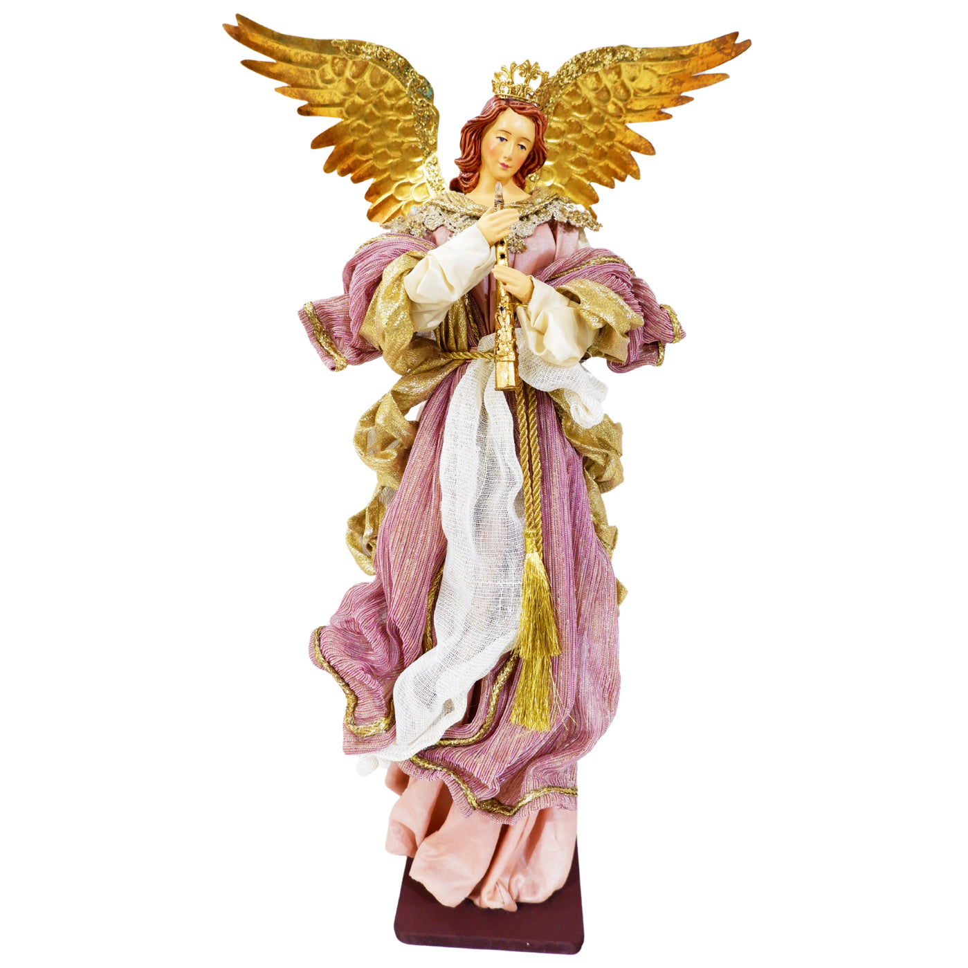 Ange musicien rose doré et ivoire jouant de la flûte, ailes dorées et socle brun
