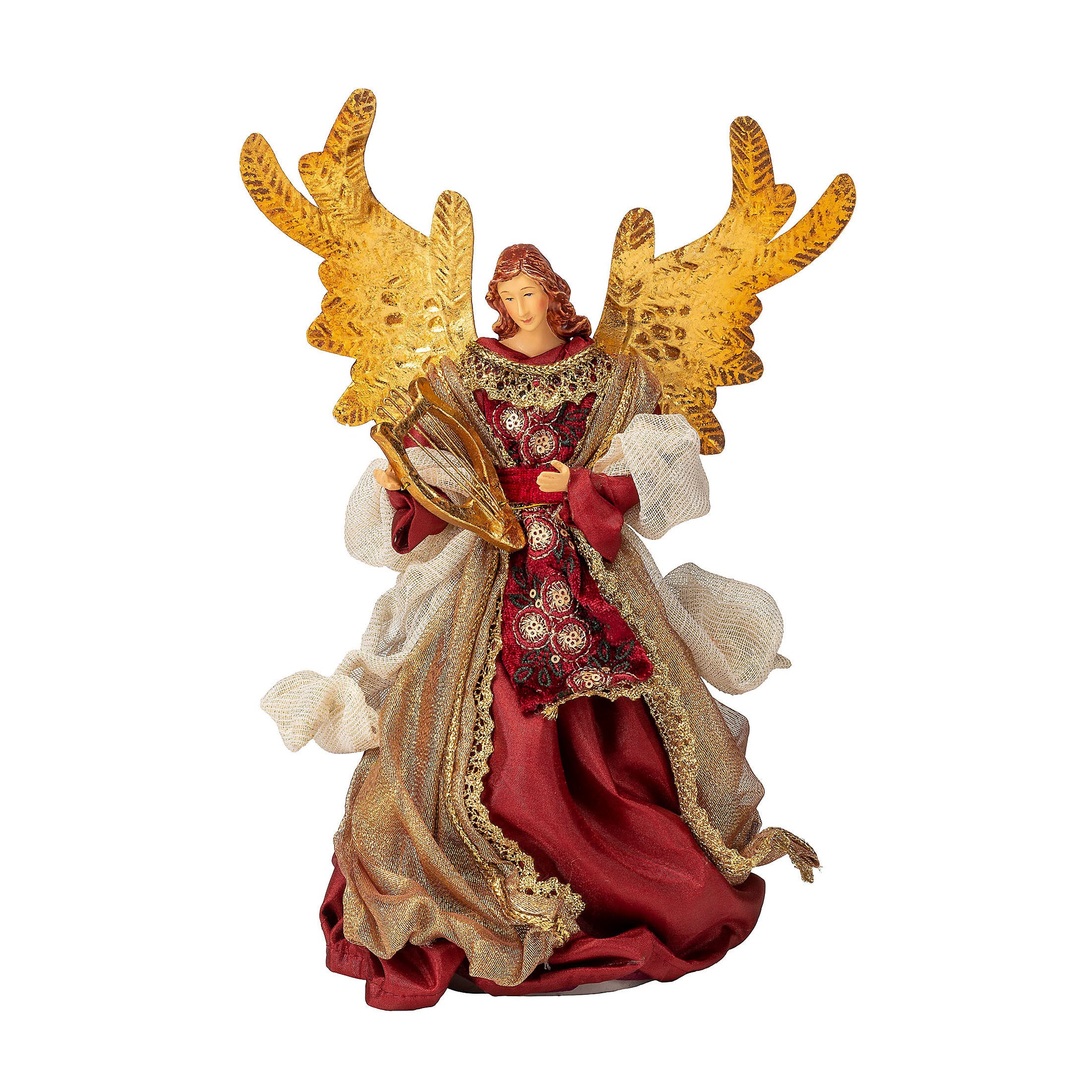 Ange musicien en robe rouge et dorée tenant un luth, avec grandes ailes dorées