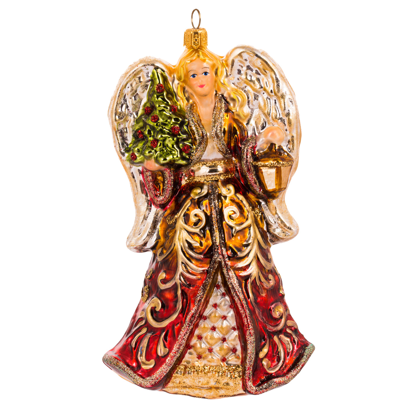 Ange en verre soufflé tenant un sapin vert et une lanterne dorée, robe rouge et or