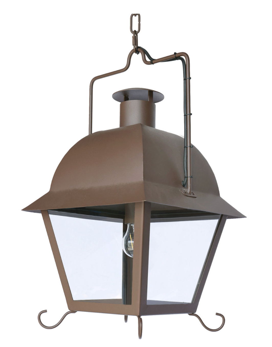Applique d'extérieur en fer forgé brun et verre, lanterne murale suspendue à dôme