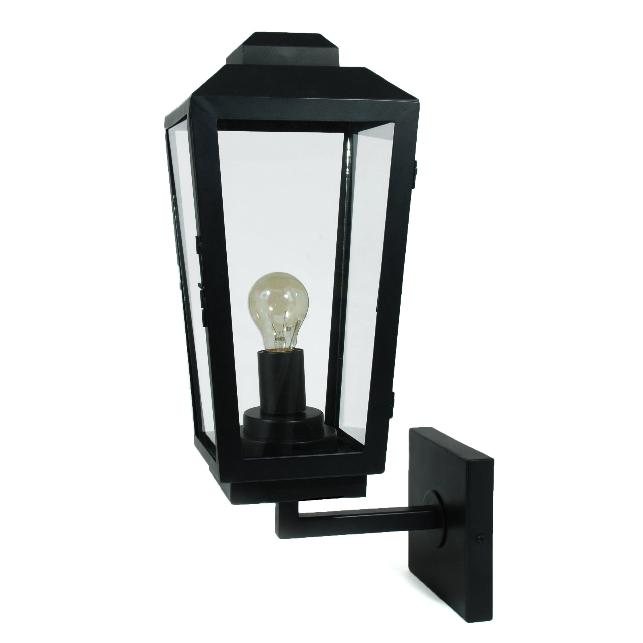 Applique d'extérieur noire en fer forgé avec lanterne vitrée et ampoule visible