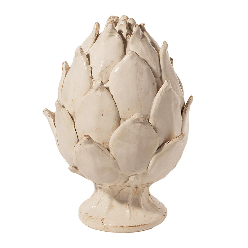 Artichaut décoratif blanc en céramique artisanale italienne, sur petit pied
