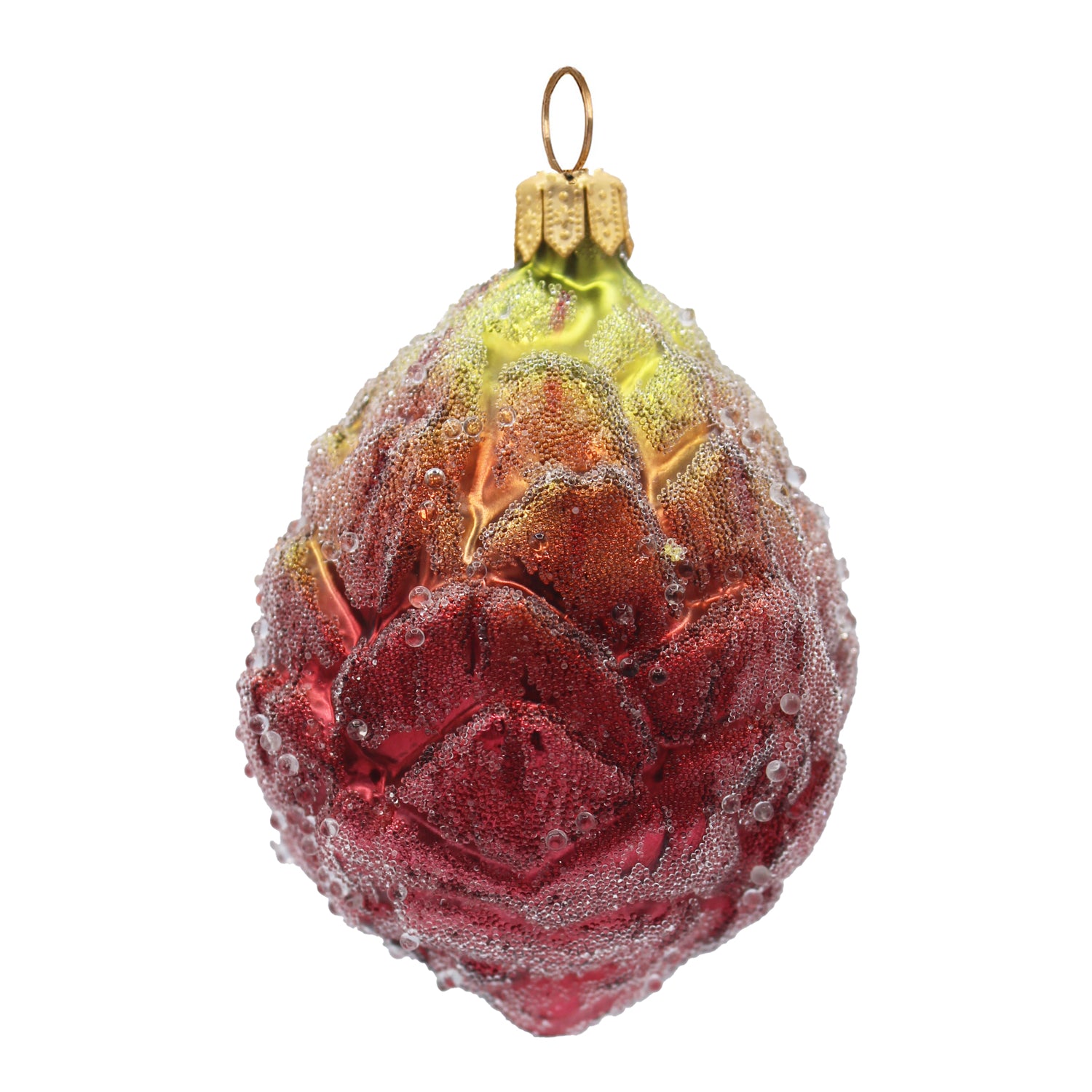 Artichaut décoratif en verre soufflé mauve, vert et rouge, pailleté et suspendu