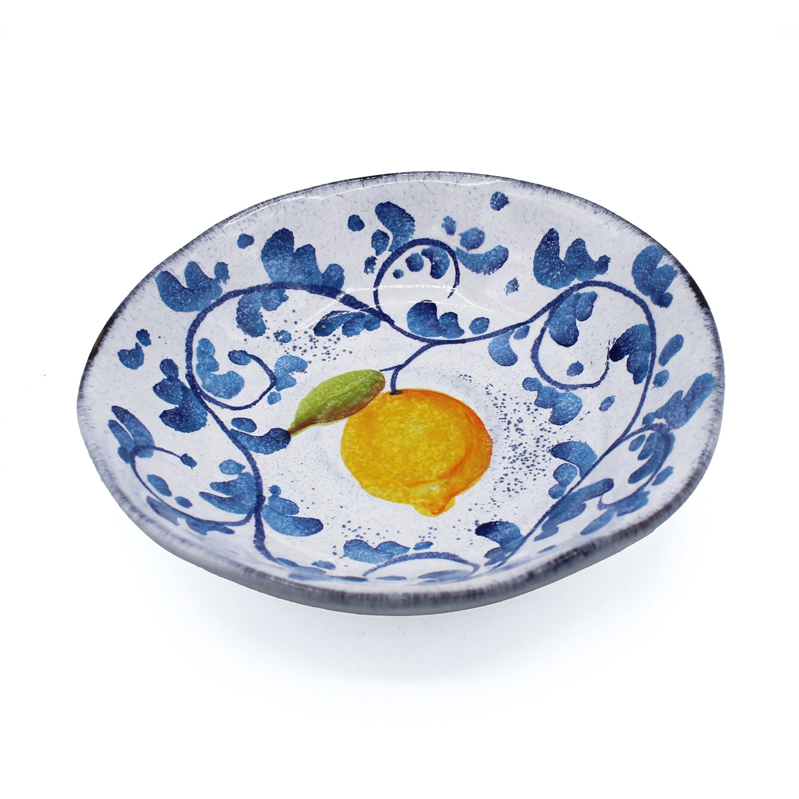 Assiette creuse en faïence blanche peinte à la main, motif citron bleu, jaune et vert