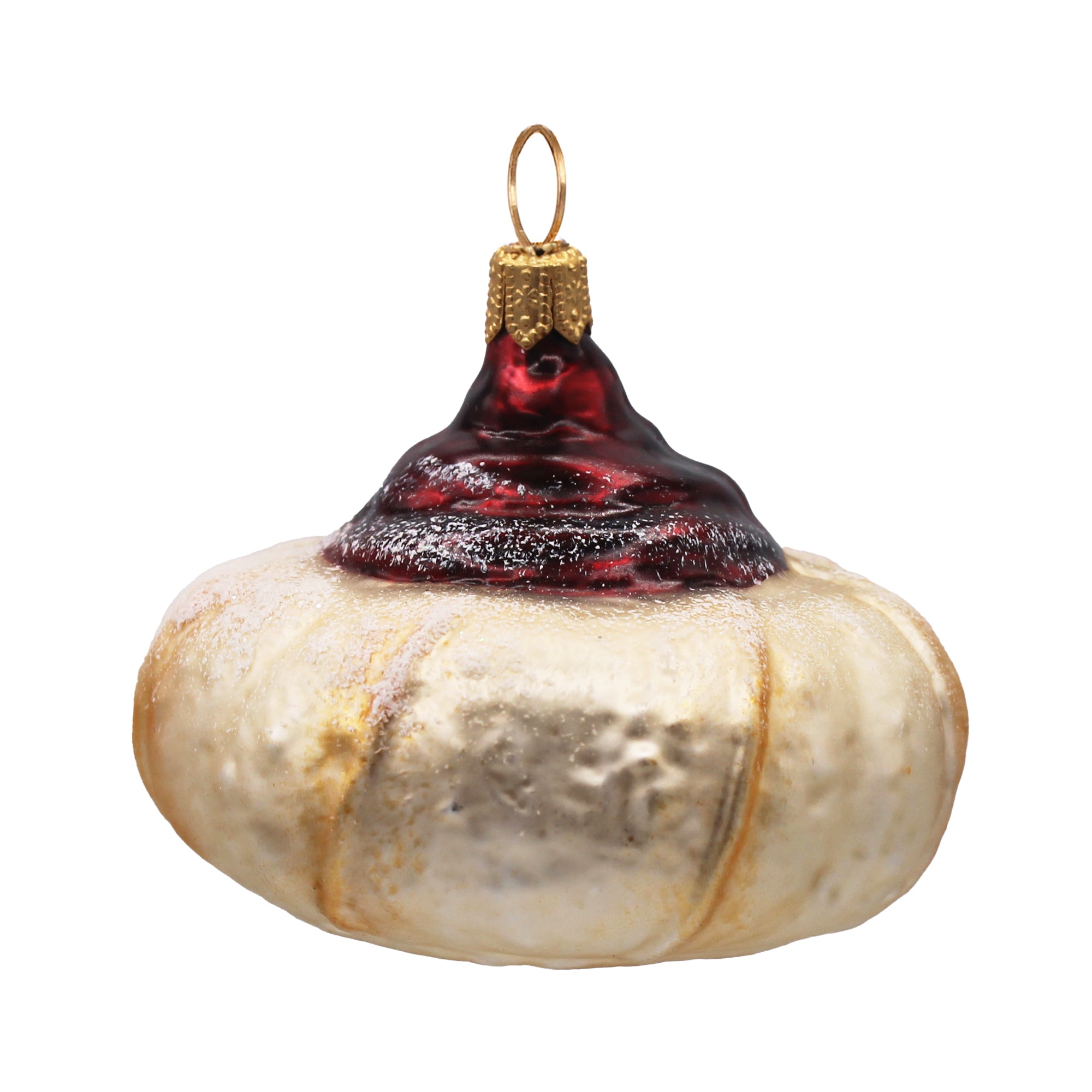 Beignet de Noël en verre soufflé crème et rouge, suspension dorée