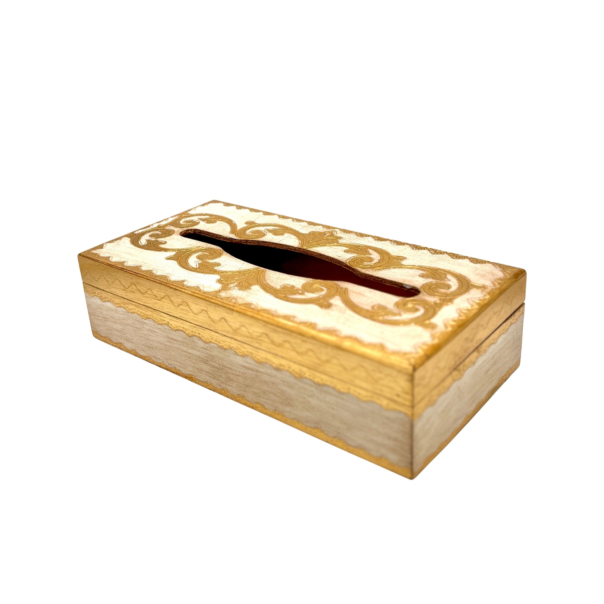 Boîte à mouchoirs rectangulaire en bois crème et doré, décor baroque sculpté, ouverture centrale ovale