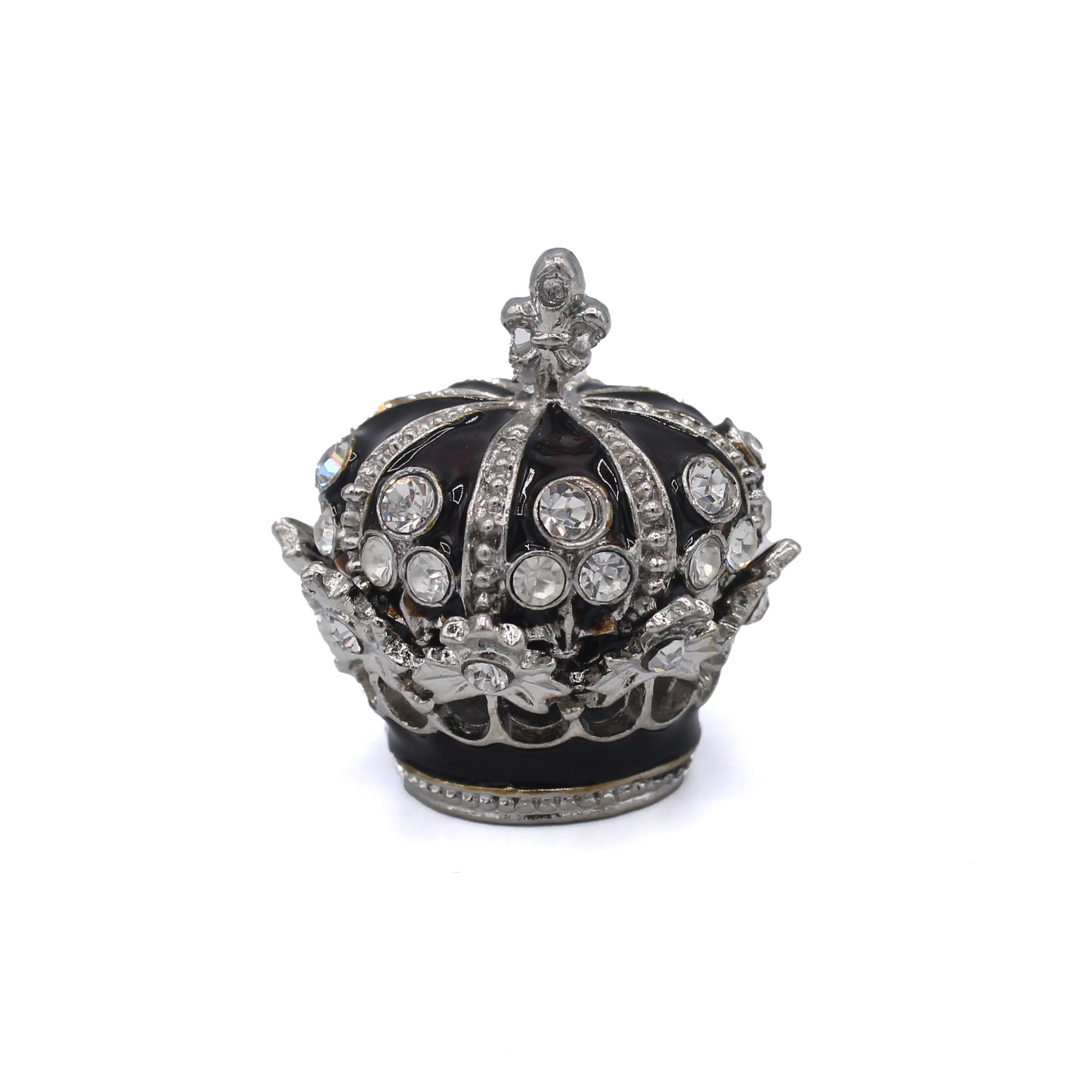 Boîte couronne argentée et bordeaux en métal et strass, vue de face