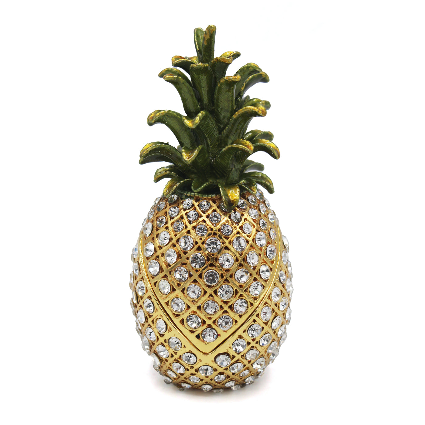 Boîte ananas en métal doré sertie de strass, feuillage vert