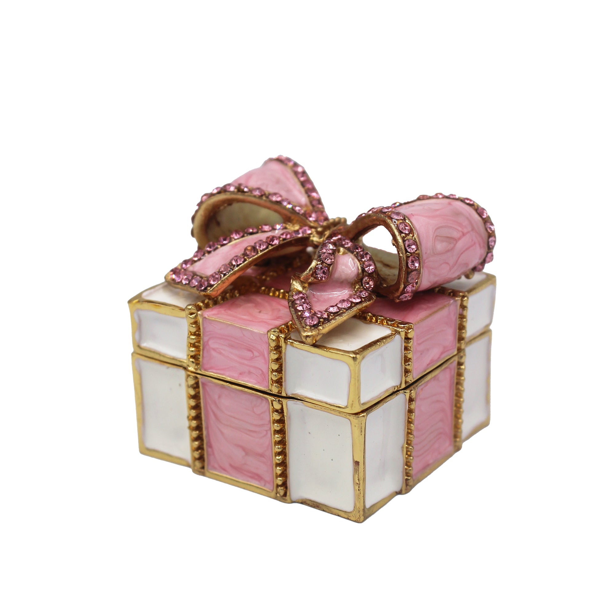 Boîte cadeau en métal doré, blanche et rose, ornée d'un ruban rose à strass