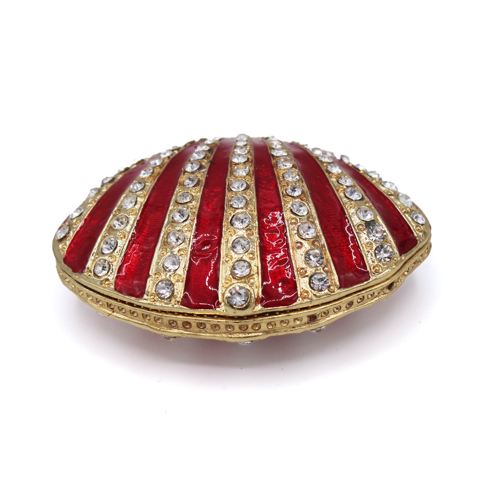 Boîte coquillage en métal rouge et doré, strass sertis sur les nervures