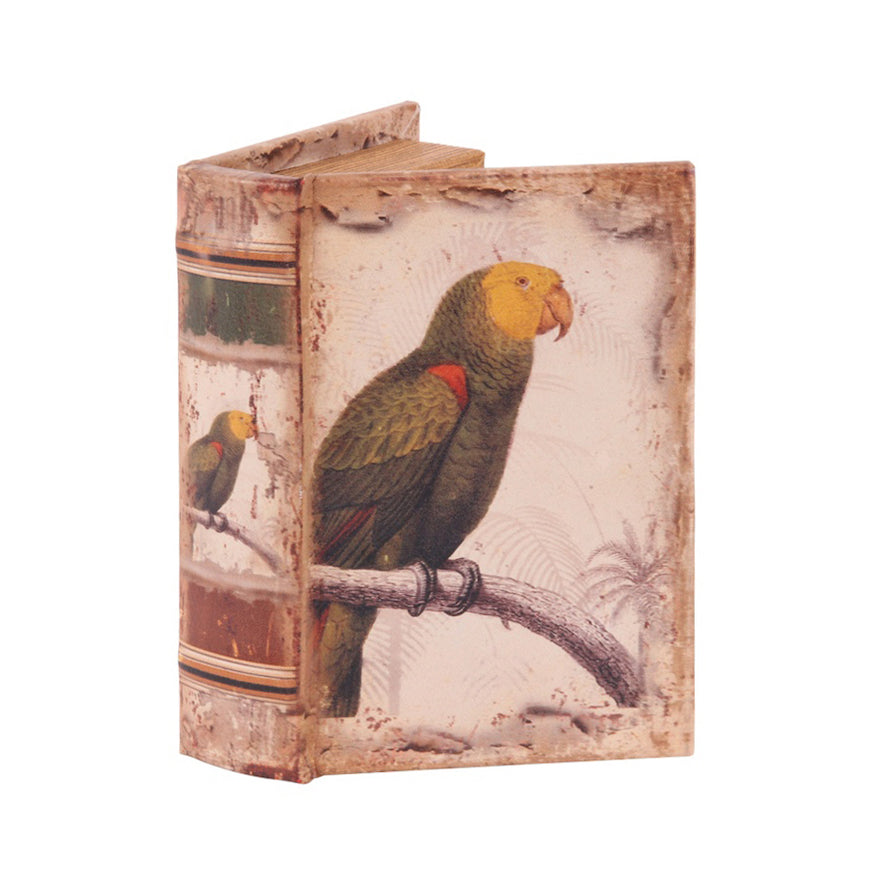 Boîte-livre en carton motif perroquet multicolore, dos façon livre ancien