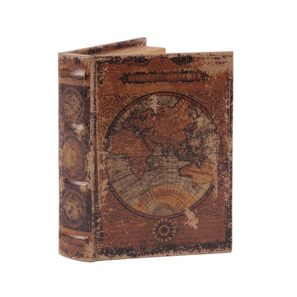 Boîte-livre mappemonde en carton brun, motif ancien de carte du monde