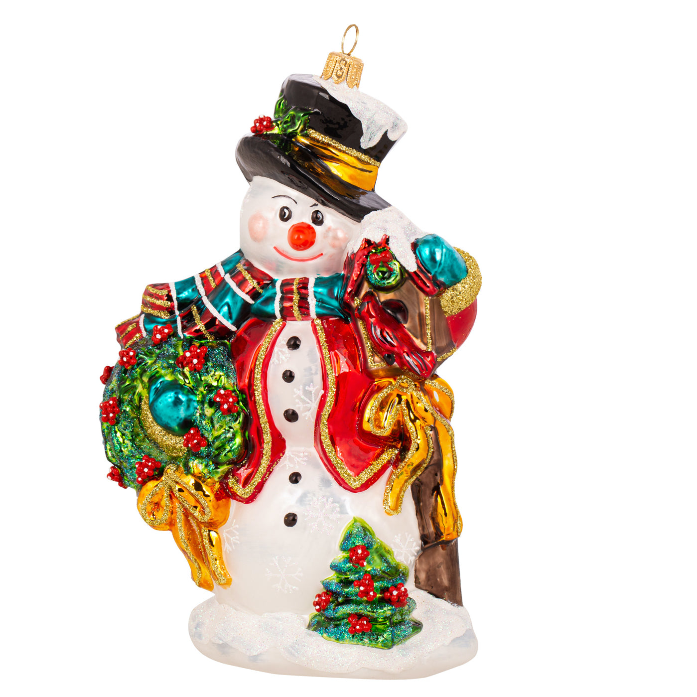Bonhomme de neige en verre soufflé avec couronne noire et écharpe rouge, vert et or