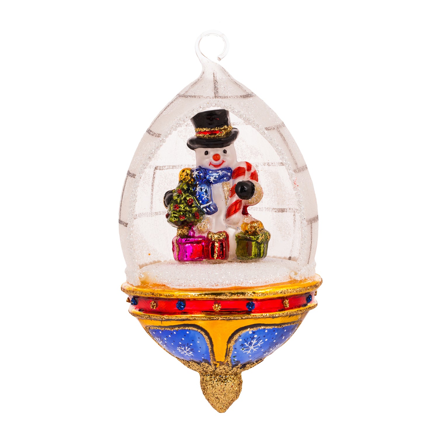 Bonhomme de neige en igloo de verre soufflé, décoré de cadeaux et base bleue et dorée