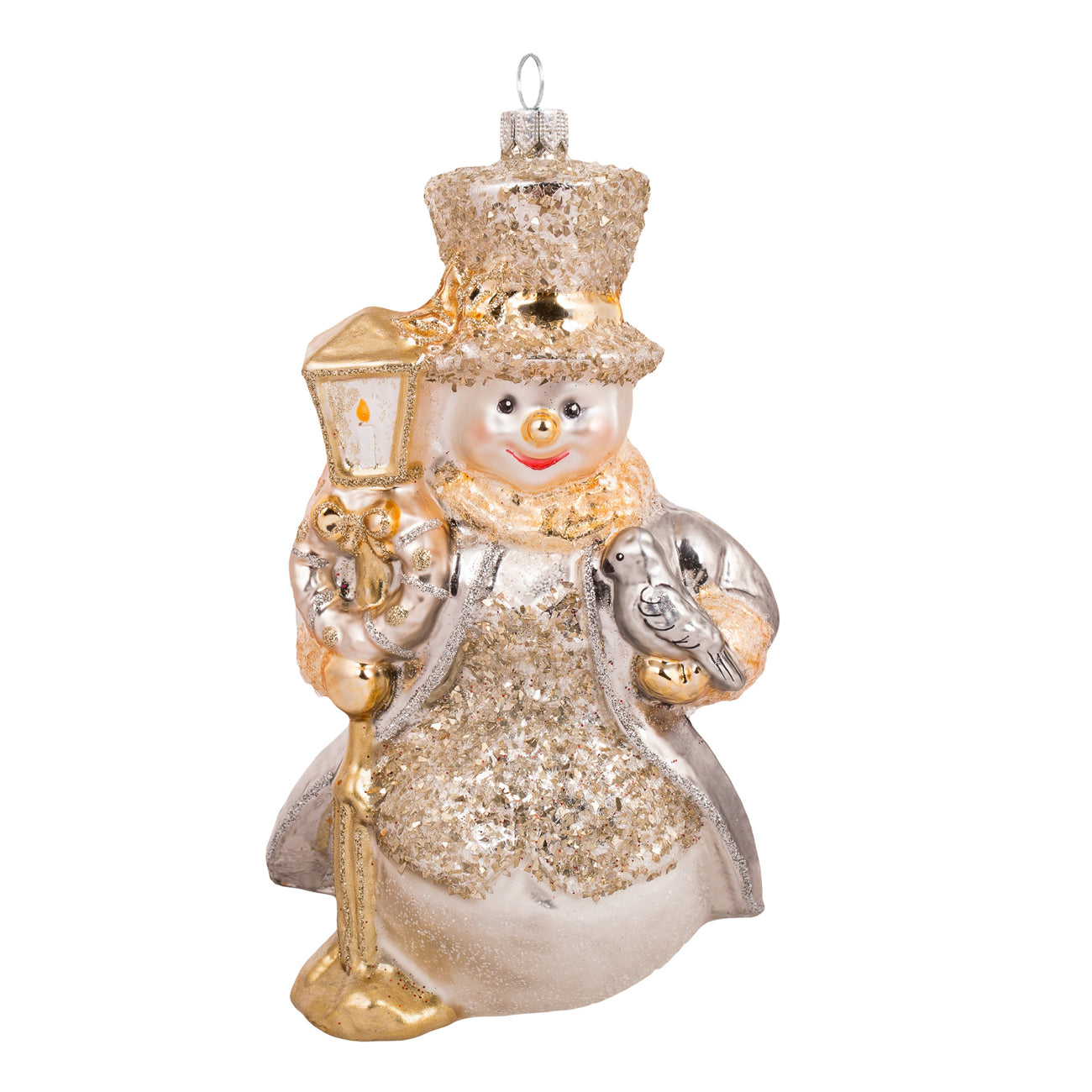 Bonhomme de neige en verre soufflé doré tenant une lanterne et un oiseau