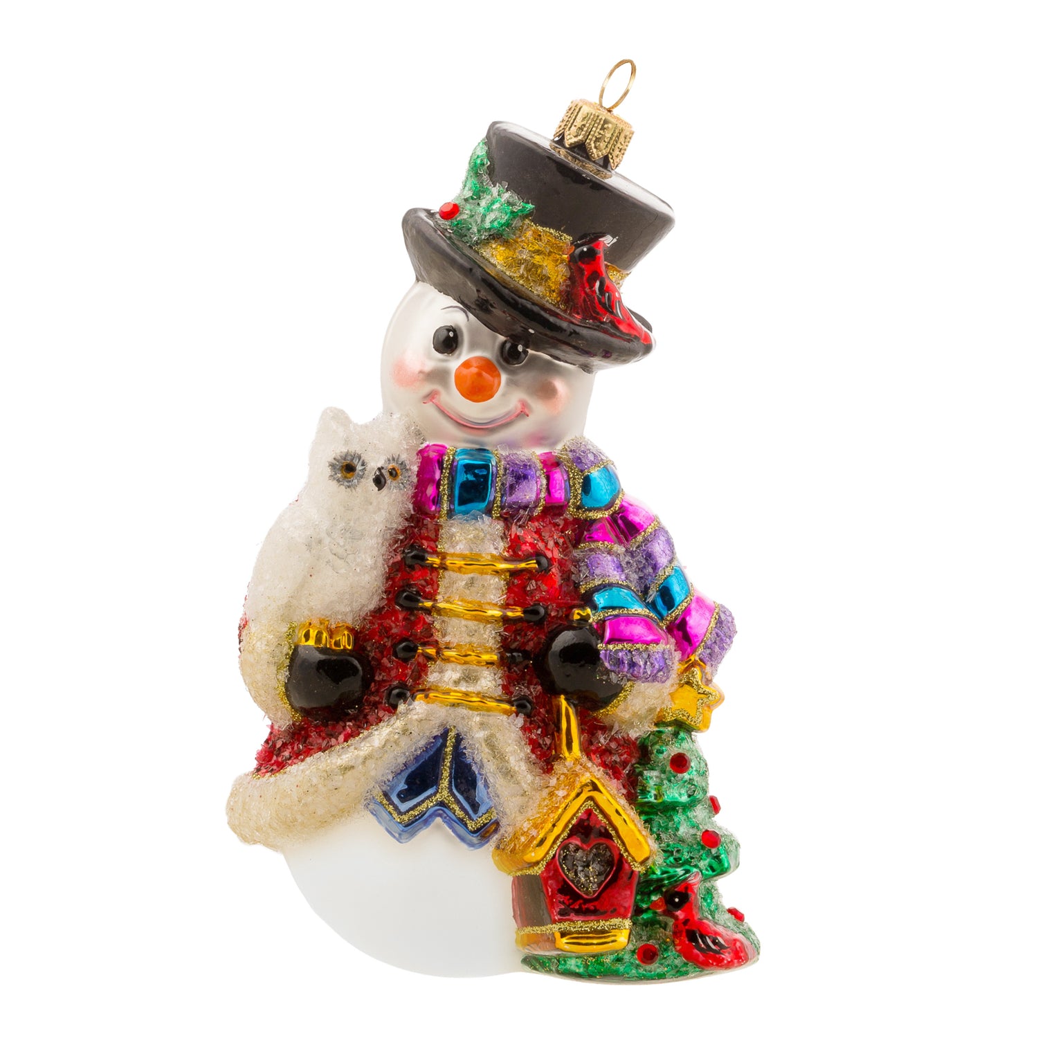 Bonhomme de neige en verre soufflé tenant une chouette, chapeau noir et veste multicolore