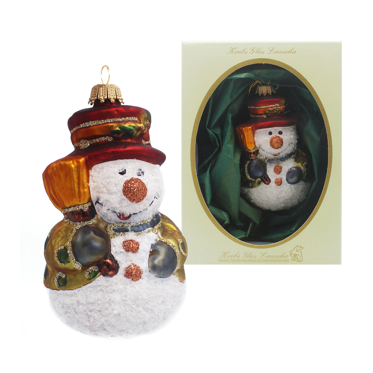 Bonhomme de neige en verre soufflé, chapeau rouge et écharpe dorés