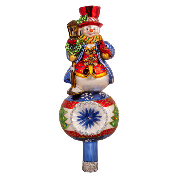 Bonhomme de Noël en verre soufflé tenant une lanterne, cimier de sapin coloré