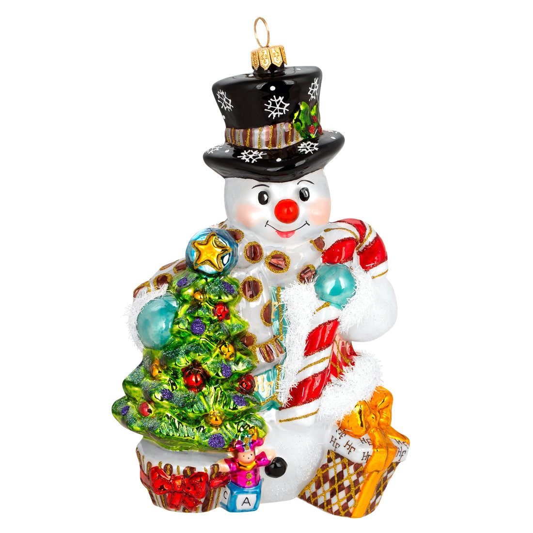 Bonhomme de neige en verre soufflé avec sapin décoré, chapeau noir et cadeaux