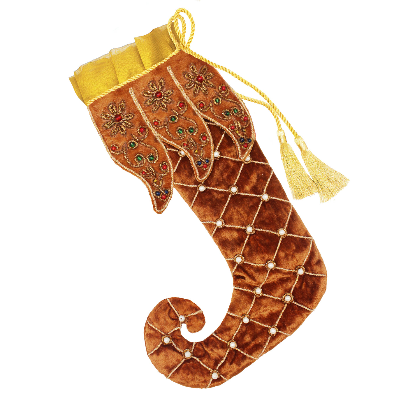 Botte de Noël en velours cuivré et doré brodée de fleurs, perles et pompons