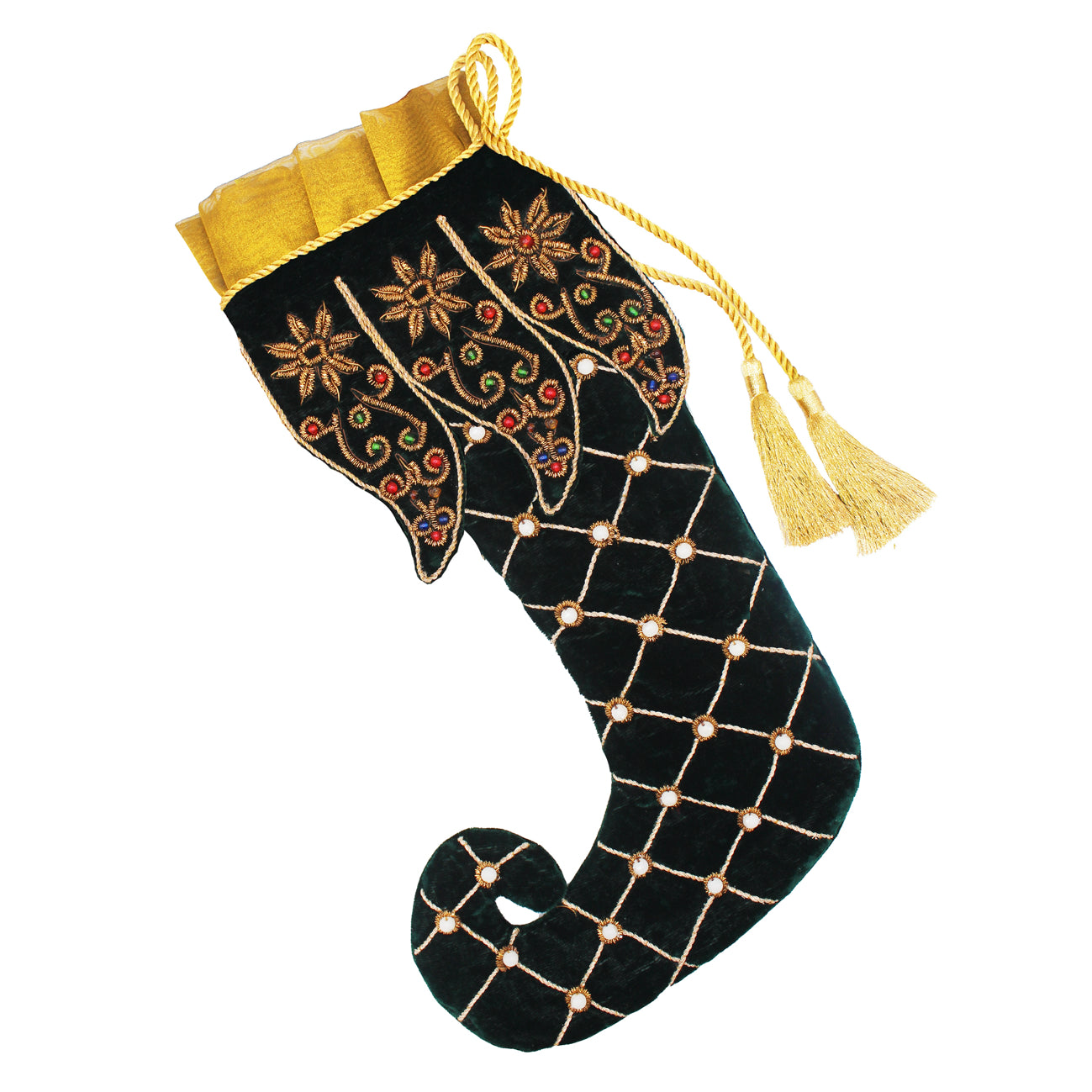Botte de Noël en velours noir brodée or, avec revers doré et cordon à pompons