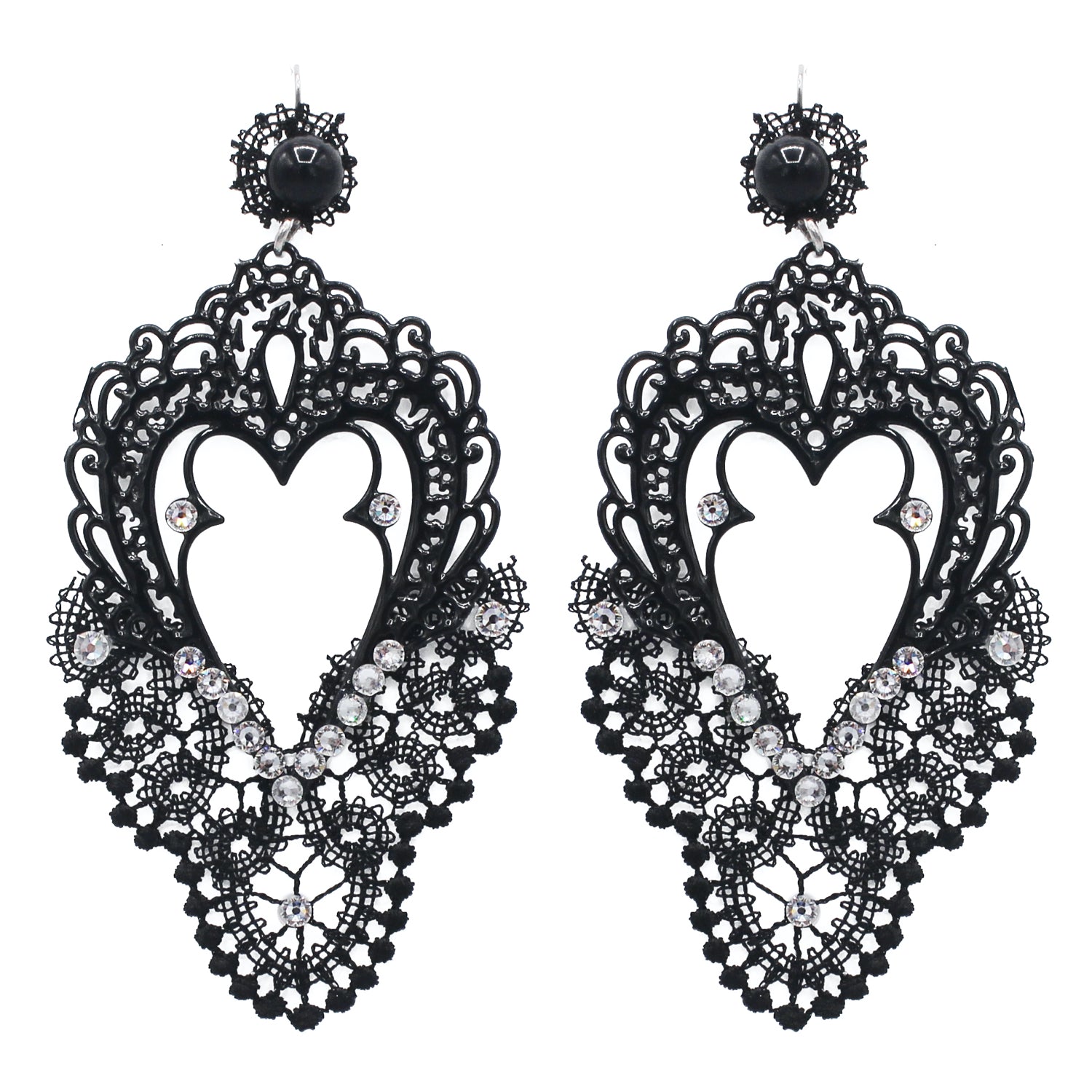 Boucles d'oreilles vénitiennes en dentelle noire avec strass et motif ajouré en cœur