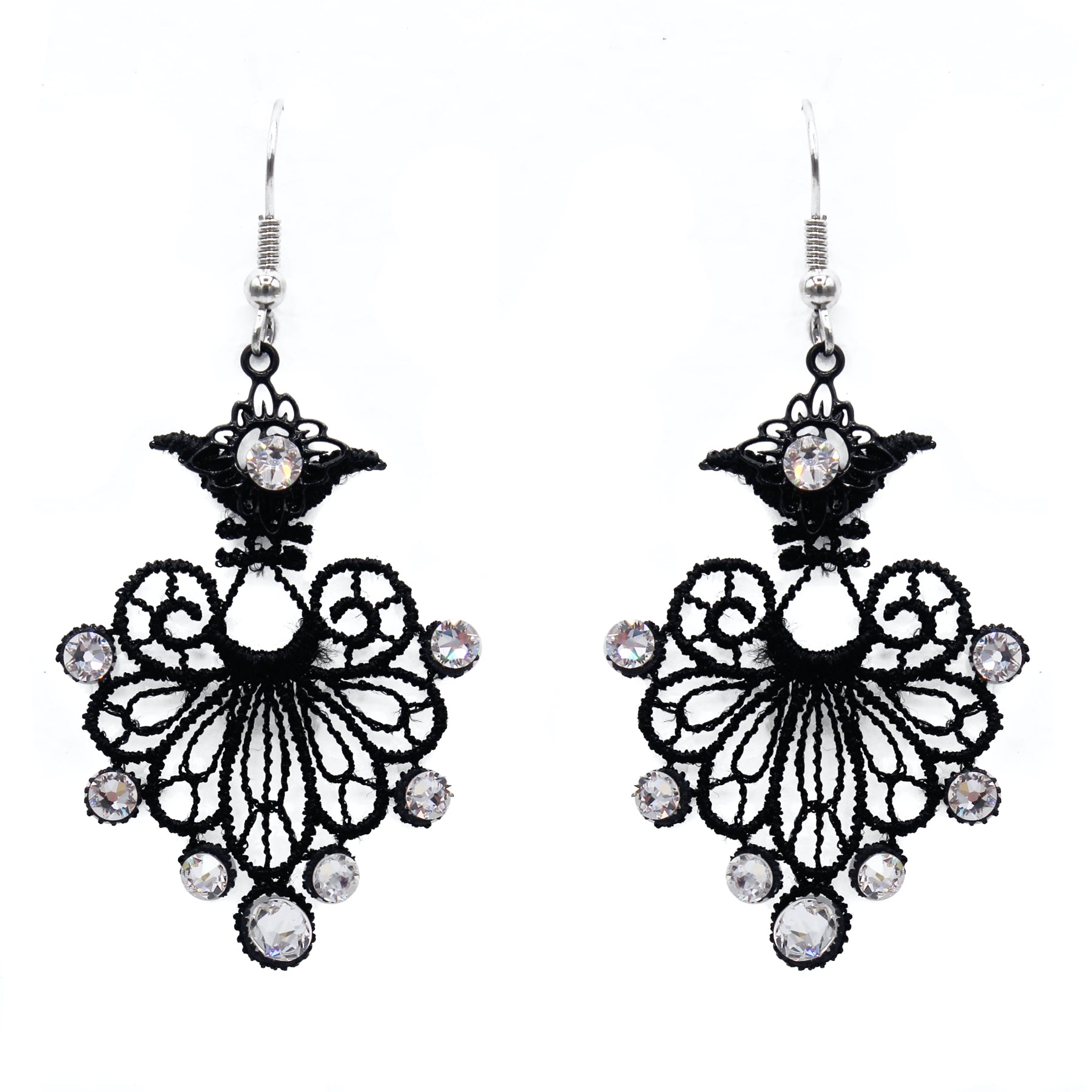 Boucles d'oreilles vénitiennes en dentelle noire avec strass, pendantes