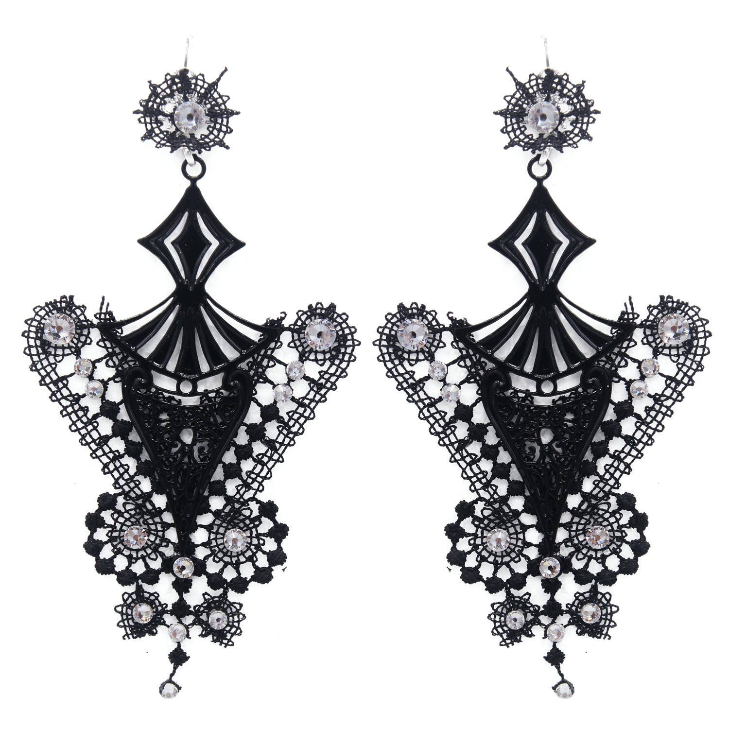 Boucles d'oreilles vénitiennes en dentelle noire avec strass et métal ajouré
