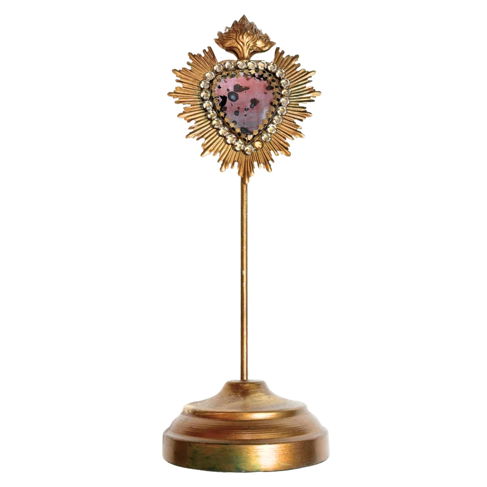 Bougeoir ex-voto en métal doré avec cœur rose serti de strass sur socle rond