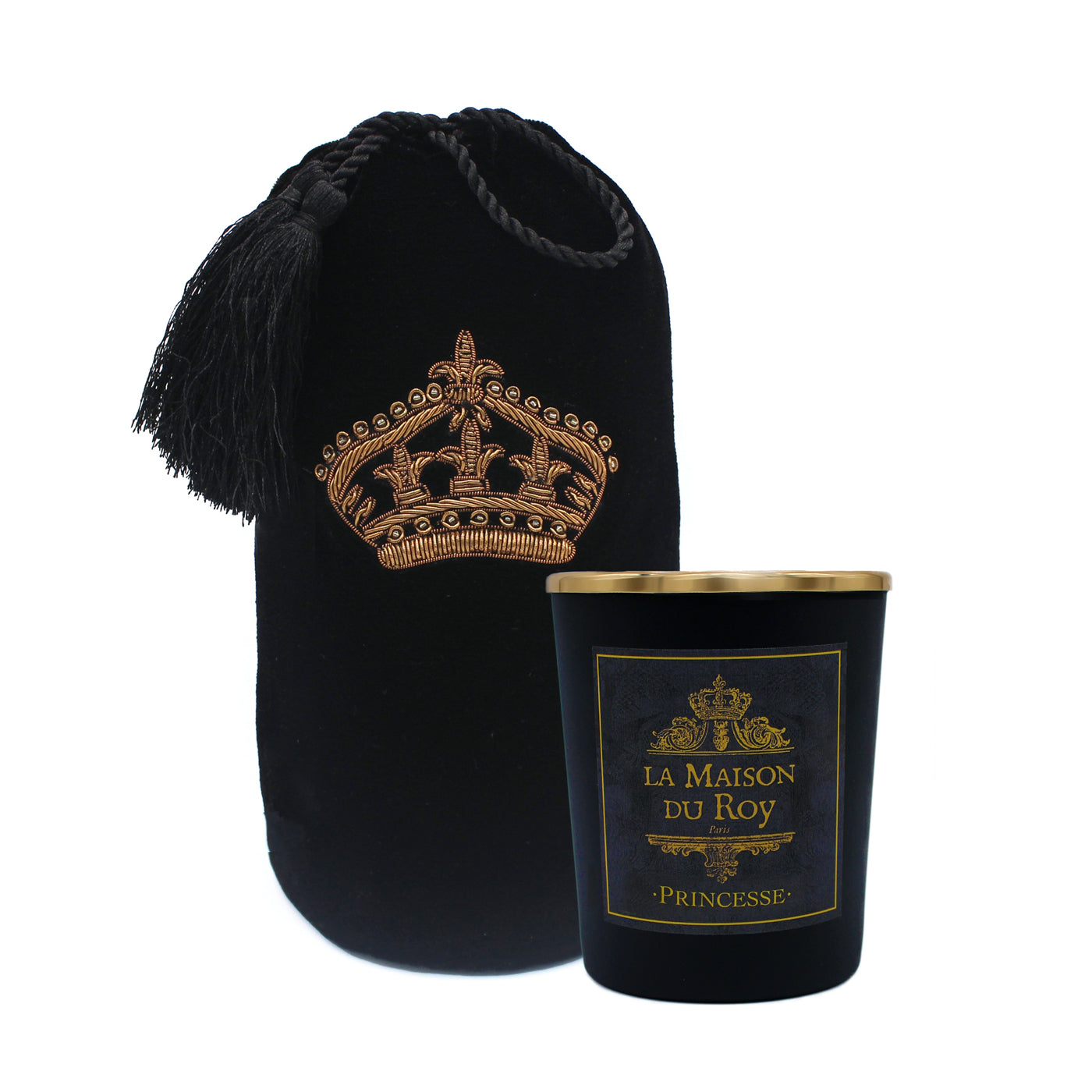 Bougie noire Princesse avec couvercle doré et pochon en velours brodé d une couronne