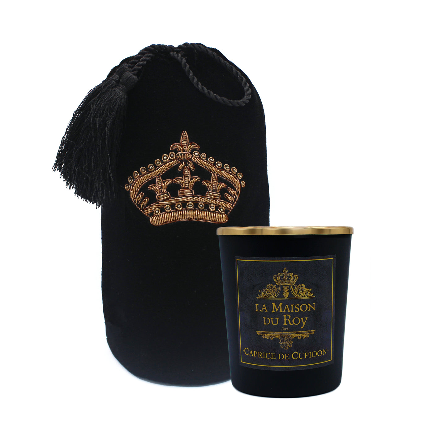 Bougie parfumée noire au cèdre avec couvercle doré et pochon en velours brodé d'une couronne
