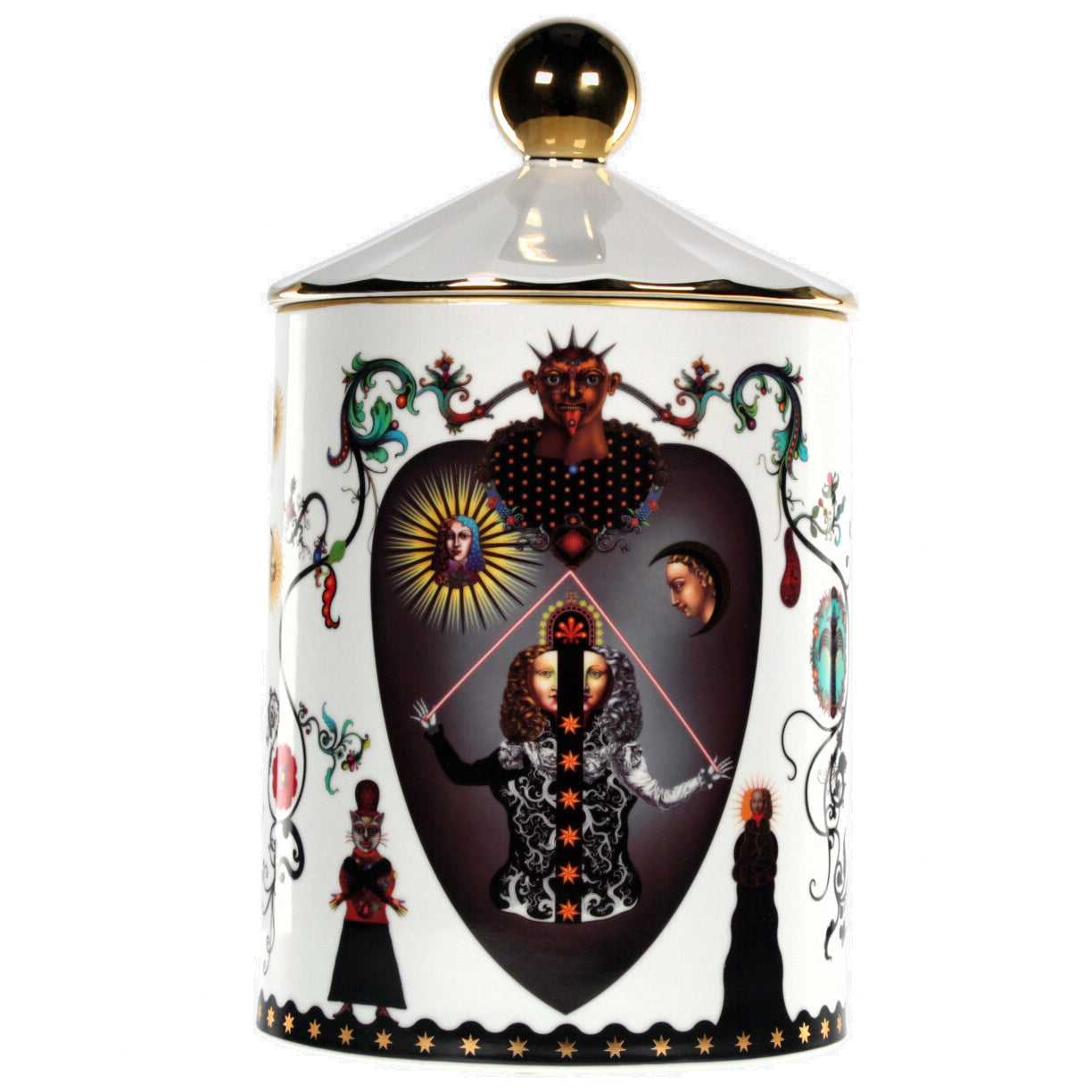 Bougie parfumée en photophore en porcelaine blanche à décor illustré et couvercle boule doré