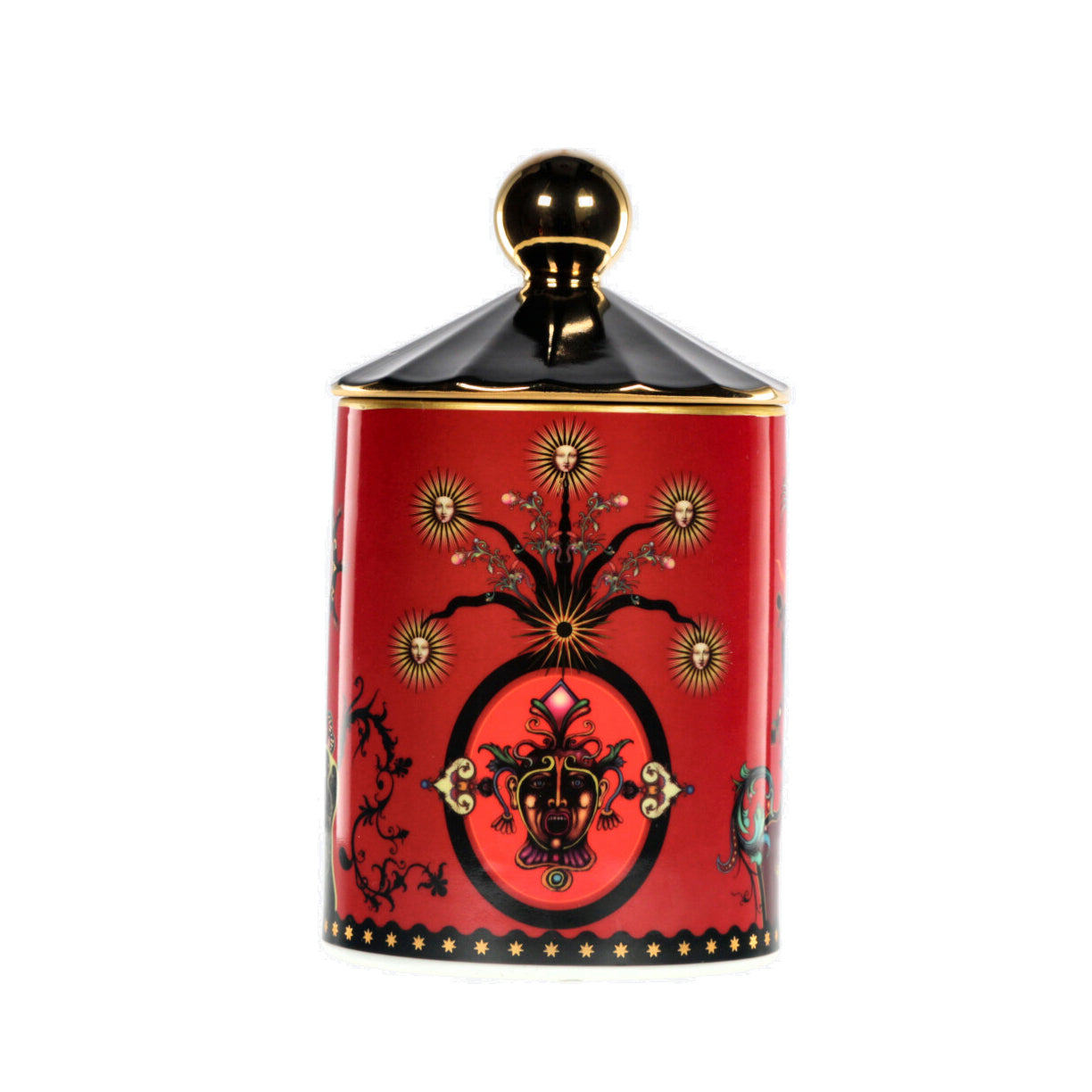 Bougie parfumée en photophore porcelaine rouge à motif ésotérique et couvercle noir doré
