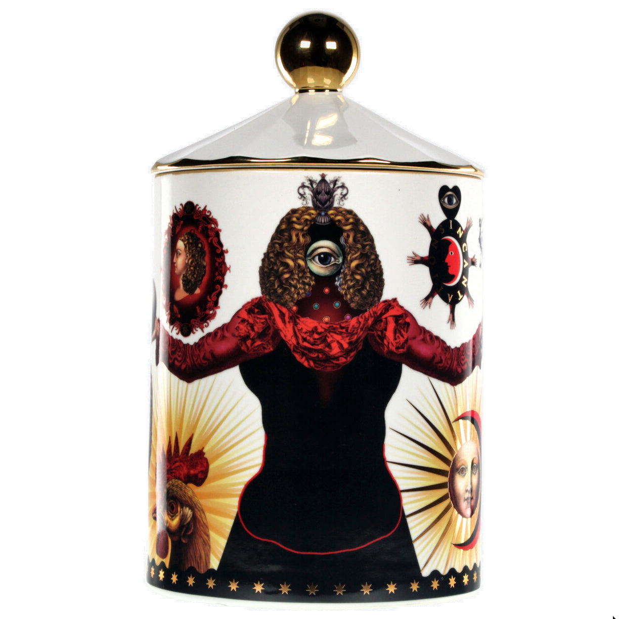 Bougie parfumée en pot de porcelaine blanc, décor sérigraphié rouge, noir et or avec couvercle boule doré