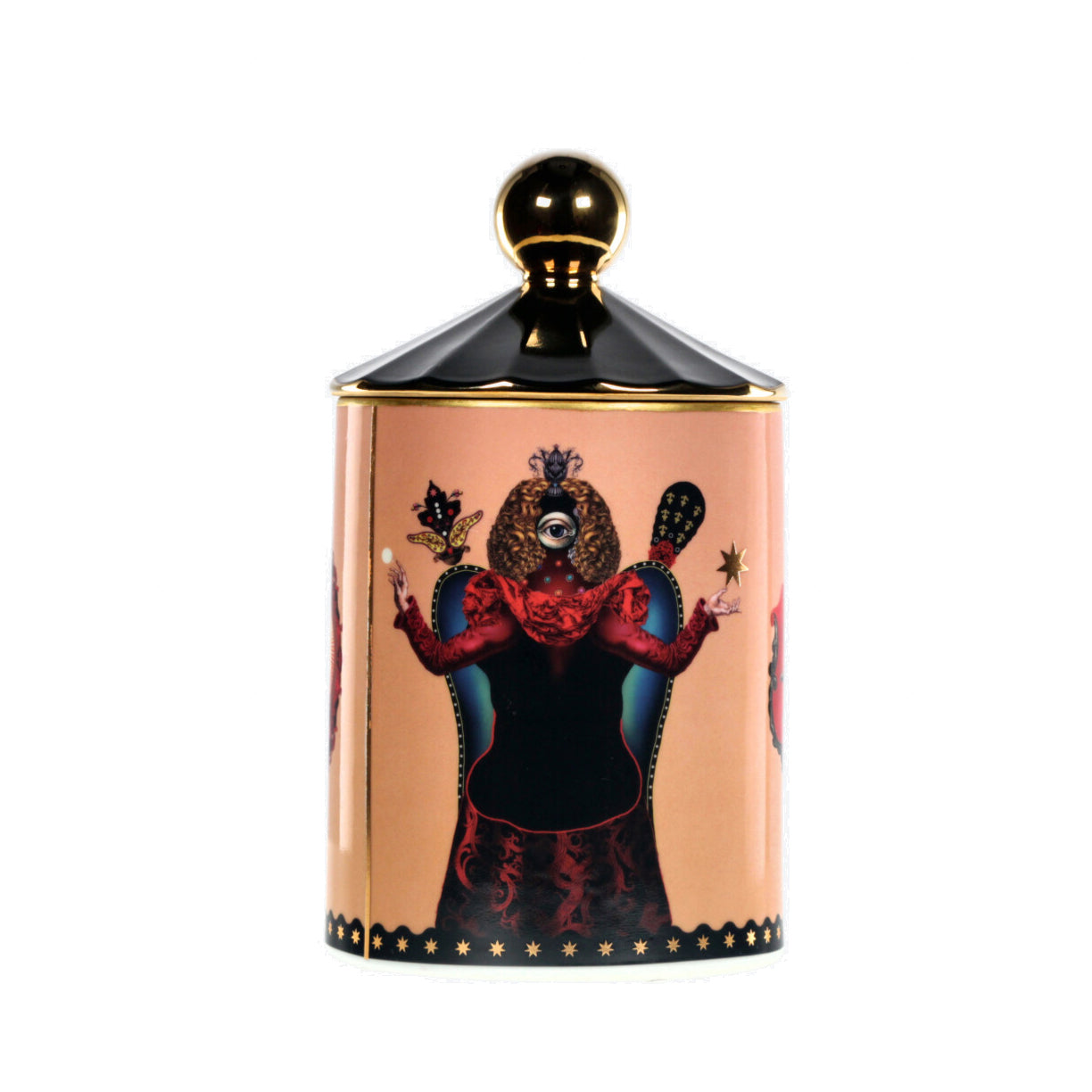 Bougie parfumée en porcelaine décorée d'une figure mystique, couvercle noir et doré